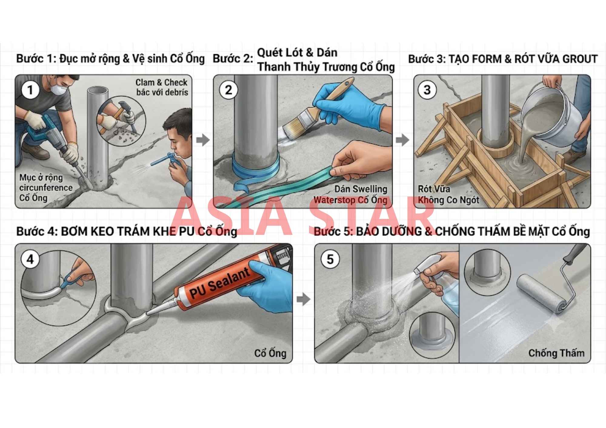 Quy trình chống thấm cổ ống xuyên sàn 